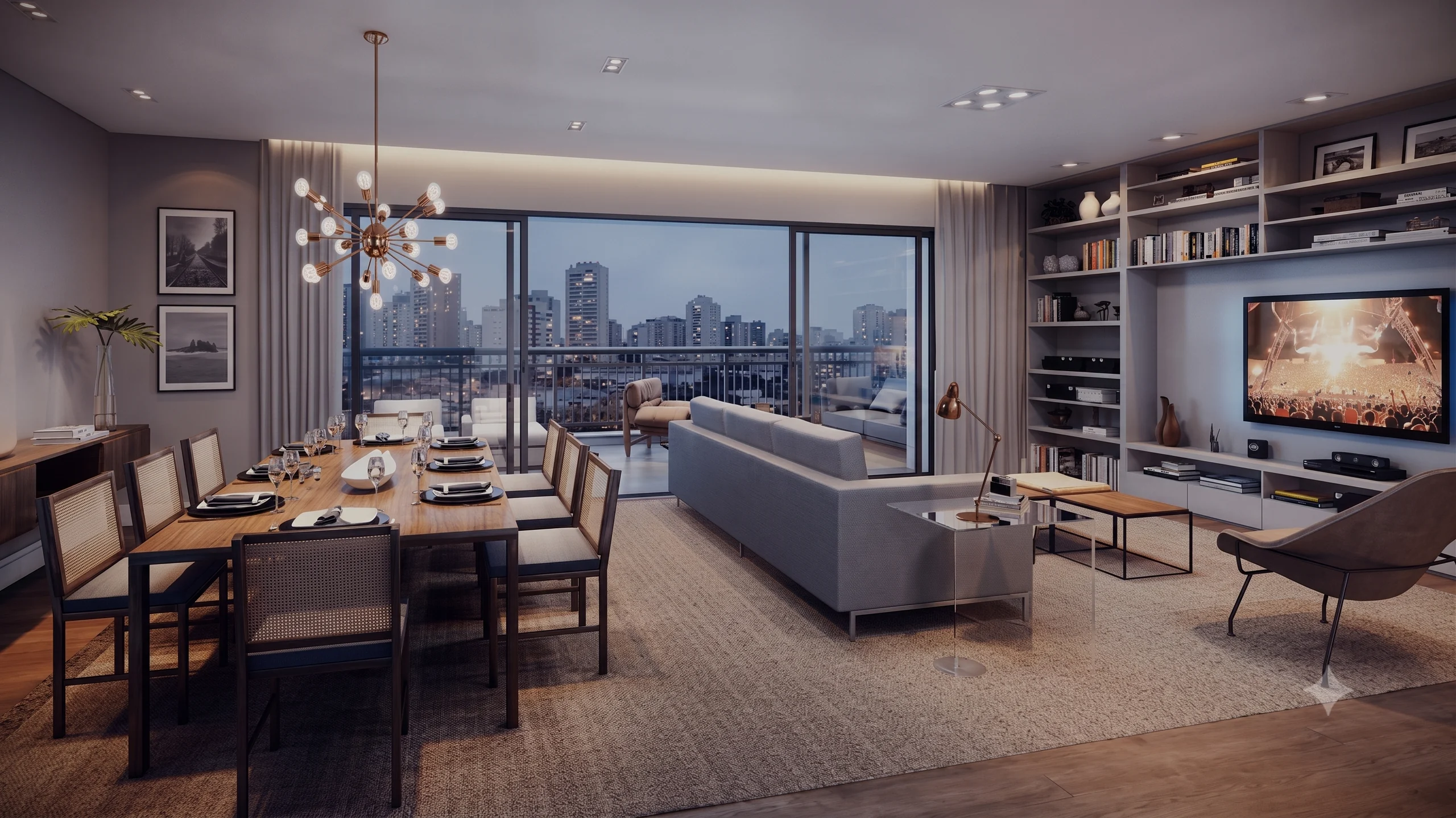 Living e sala de jantar decorados com vista da cidade, no Maison Giselle